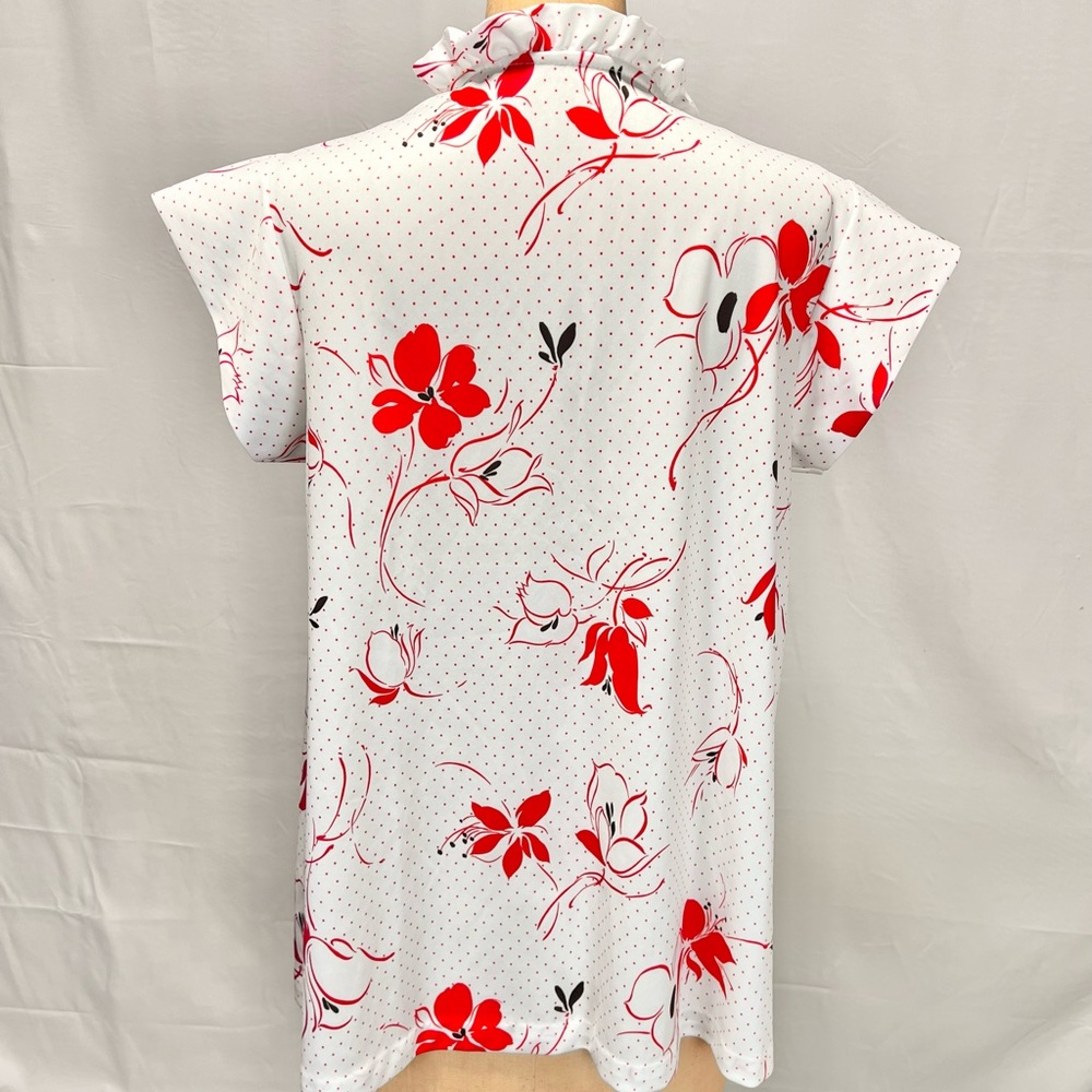 VINTAGE 70s floral ruffle bow tie neck short cap sleeve blouse‎ red flowers dots - Picture 7 of 8
